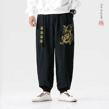 Zen Chá Homens De Estilo Chinês, Bordados Dragão Kung Fu Calças De Harém Vietmam Japonês, Esportes, Moda Casual Calças De Dança De Streetwear