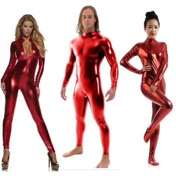 personalizado calça, zíper Vermelho Brilhante Lycra Spandex Brilhante Roxo mulheres Macacão Catsuits Metalizado Pés Zíper Zentai Bodysuit